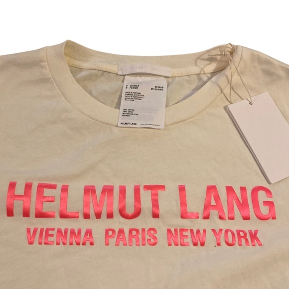 Helmut Lang Cotton Logo Women’s Baby Tee NWT Short Sleeves Cream Shocking Pink - Picture 12 of 13